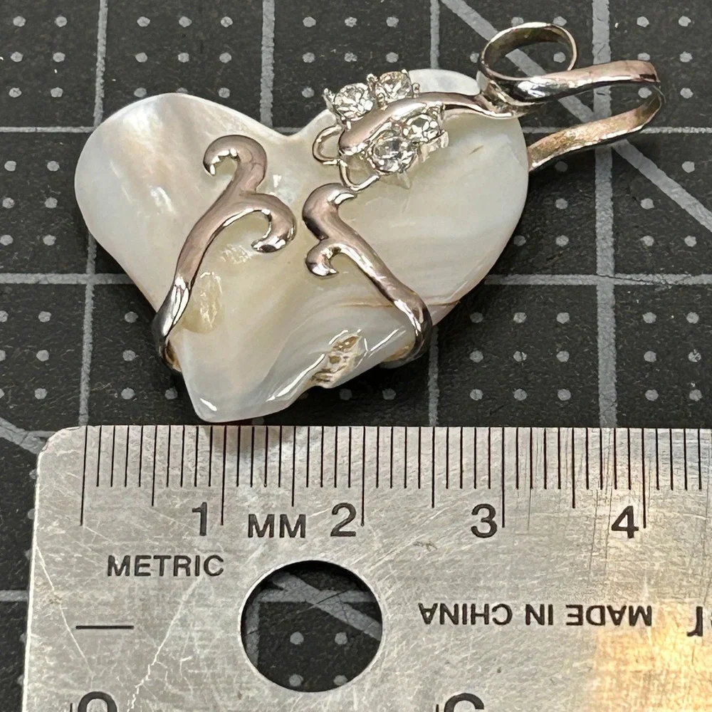 Vintage Sterling Silver 925 Overlay Mother of Pearl Heart Pendant CZ‎ Accent
